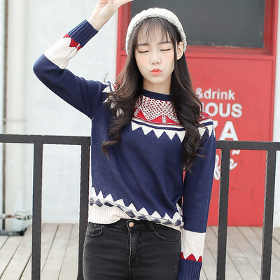 2015秋冬韩版女装新款圆领套头毛衣女时尚撞色打底衫百搭短款上衣