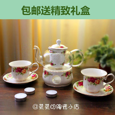 欧式陶瓷玻璃透明花茶壶茶具杯碟套装耐热可加热炉座送勺子包邮