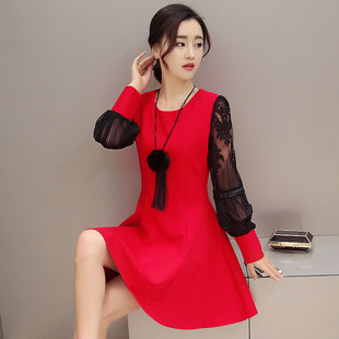 2016春季新款长袖连衣裙女士韩版时尚显瘦圆领灯笼袖大摆裙送挂件