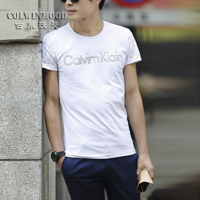 古莱沃曼2015夏季新款短袖T恤韩版修身印花字母CK打底潮男装衣服
