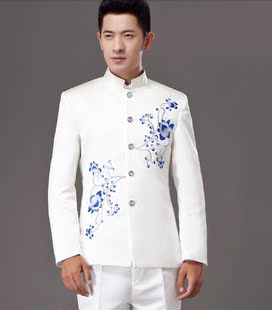 中国风主持人礼服男中山装演出服男士舞台青花瓷中式男装2015新款