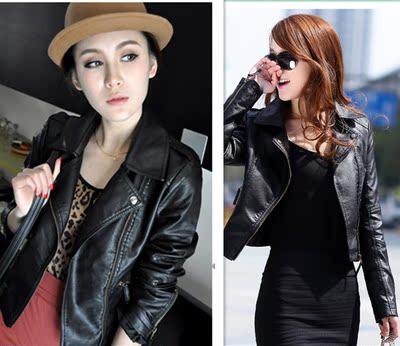 2015新款女装机车韩版PU皮衣女士夹克短款修身小西装翻领皮衣外套