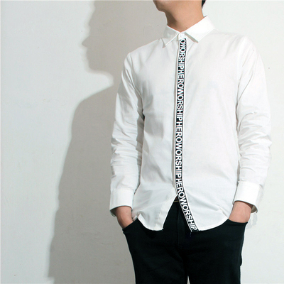 2015春夏新款 韩版时尚字母贴布长袖衬衫男潮亚麻布修身白衬衣