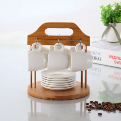高档纯白色欧式新骨瓷咖啡杯碟套装 简约陶瓷杯子茶具带木架子6杯