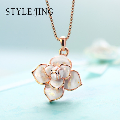静风格茉莉项链女韩国进口珍珠母贝吊坠 甜美花朵造型项链必备款