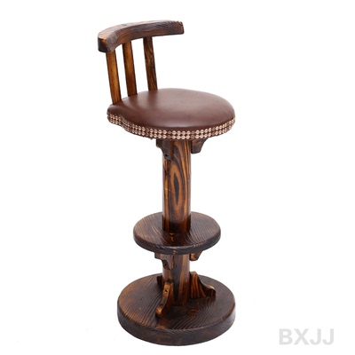 欧式复古吧台椅新古典做旧木制炭化实木酒吧椅高脚吧椅子凳子皮椅
