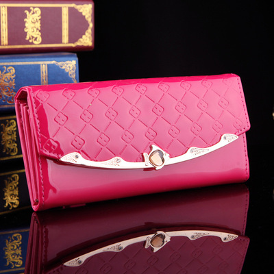 2015 韩版女士长款钱包 厂家直销 夏季亮皮包 漆皮格纹钱夹包
