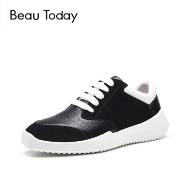 BeauToday/BT 欧美风厚底运动鞋系带真皮休闲板鞋防滑橡胶底女鞋