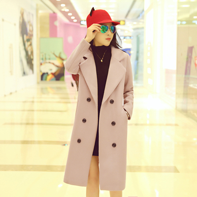 2016秋冬装新款韩版修身茧型毛呢外套女双排扣中长款时尚呢子大衣