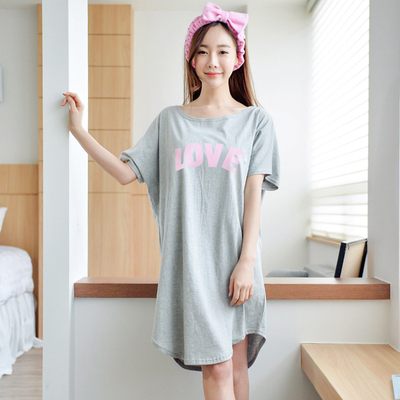 韩国夏季短袖睡裙女纯棉可爱中裙全棉大码女人睡衣PINK韩版家居服