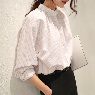 2015春季韩版新款清新OL细条纹白衬衫小立领气质显瘦修身女装衬衣