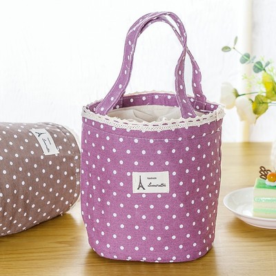 韩版圆筒手提包便当包饭盒袋学生圆形带饭包布艺帆布保温袋手拎包