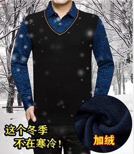 冬季中年男装加厚加绒假两件毛衣中老年男士保暖爸爸装大码针织衫