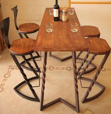 美式乡村创意复古铁艺咖啡桌餐桌实木高脚凳酒吧桌仿古茶几吧台桌