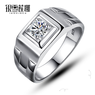 银雪莲娜 925银男士戒指 银镶钻 单身 韩版 霸气 个性时尚 刻字