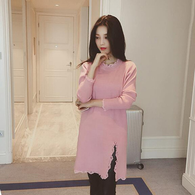 2015冬装新款韩版女装3757#蕾丝拼接开叉花边圆领纯色针织连衣裙