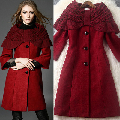 2015冬装新款欧美时尚针织小斗篷喇叭袖长款显瘦羊毛呢外套T4658