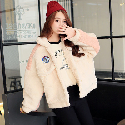 2014秋冬韩版新款 偏大BF风 刺绣钉标羊羔毛 夹棉加厚保暖外套
