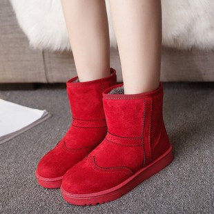 冬季新品韩版加绒加厚雪地靴短筒短靴雕花平底雪地棉鞋学生女棉靴