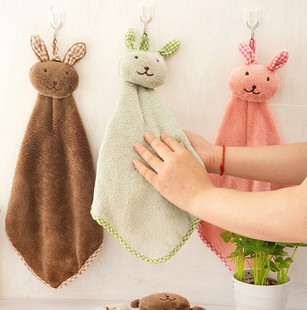 2条包邮可爱兔子小方巾 厨房浴室挂式擦手巾 珊瑚绒擦手巾 毛巾