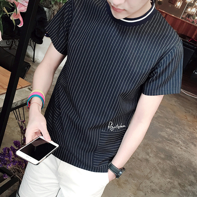 原创设计师定制2016春夏男装新款短袖T恤 圆领条纹男士韩版上衣