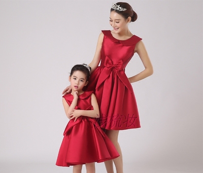包邮新款红色亲子装母女礼服生日表演女童连衣裙拍照童装圆领春
