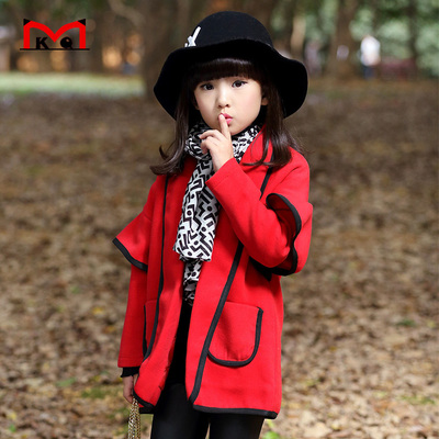 童装2015女童外套秋装新款韩版中大童无扣毛呢大衣中长款儿童大衣