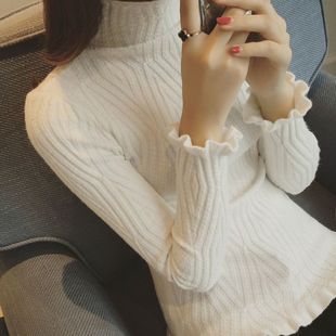 韩国2015冬装新款百搭高领木耳花边修身毛衣套头打底针织衫女上衣