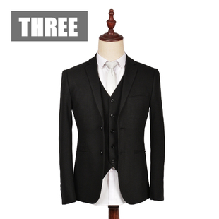 THREE 韩版修身瘦身针织型男士西服 黑色商务休闲婚礼礼服英伦风