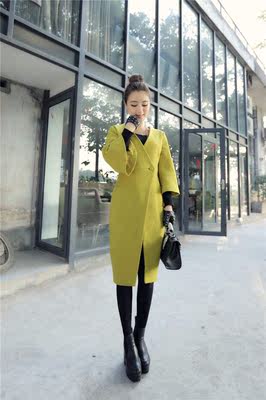 韩国名媛时尚小资修身羊毛大衣黄绿色一粒扣喇叭袖毛呢外套