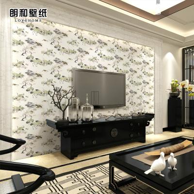 古典书房中式墙纸 无纺布中国风3D立体客厅电视背景墙壁纸 丹顶鹤