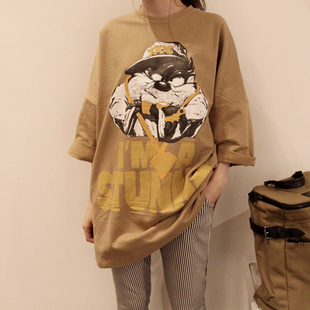 韩国15春装新款宽松大码街头朋克女装卡通狗图案纯棉卫衣长袖t恤