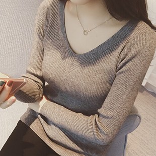 2016秋冬装新款韩版女装气质V领纯色修身显瘦长袖上衣打底针织衫