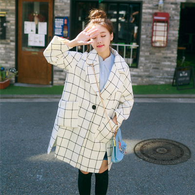 2015秋冬新款 韩版大格子中长款呢子大衣女 长袖宽松外套上衣