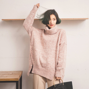2015冬季新款韩版高领修身显瘦套头毛衣下摆不规则针织衫女装上衣