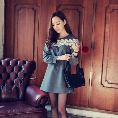 2015冬装新款女装韩版宽松显瘦蕾丝拼接长袖蕾丝勾花毛呢连衣裙