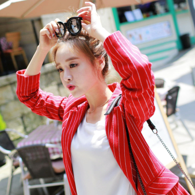 2015韩版秋季新款时尚休闲修身显瘦双排扣条纹红色西装外套女装潮
