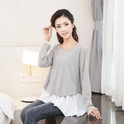 韩国品牌时尚15新款孕妇装春秋外出哺乳衣长袖纯棉喂奶衣月子服