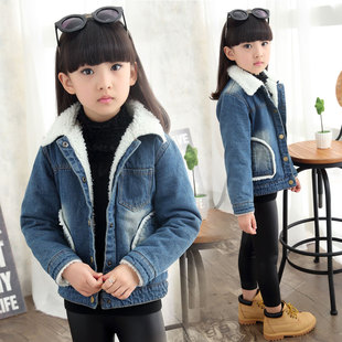 2015韩版秋冬羊羔毛女童牛仔外套加厚儿童开衫上衣加绒中大童外套