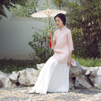 原创中式中国风女装真丝桑蚕丝复古改良唐装上衣七分袖古琴茶人服