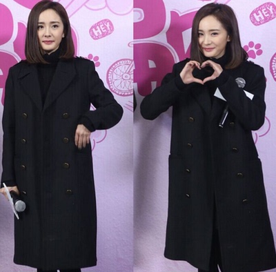 韩国女装2017冬季杨幂明星同款黑色双排扣长款羊毛呢大衣羊绒外套
