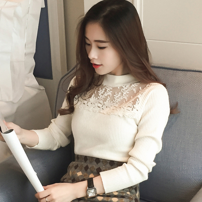 韩国代购2015秋冬圆领蕾丝修身针织毛衣打底衫欧洲站中长款针织衫