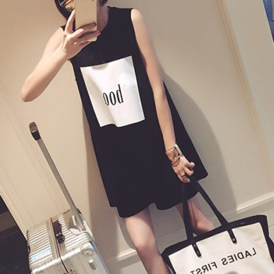 2016夏季新款韩版宽松中长款A字型圆领无袖字母印花背心裙女装