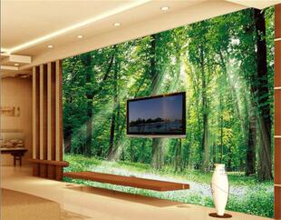 大型无缝壁画现代3d立体风景墙纸客厅沙发绿色树林风景沙发背景墙