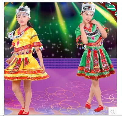 新款儿童苗族演出服女童傣族高山族民族舞蹈舞台葫芦丝表演服服装