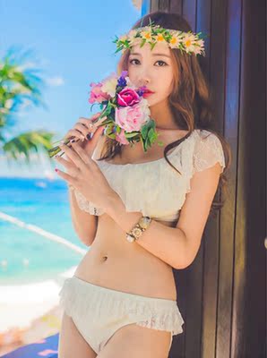 2016新款韩版分体泳衣 女小清新白色蕾丝沙滩比基尼单肩温泉泳装