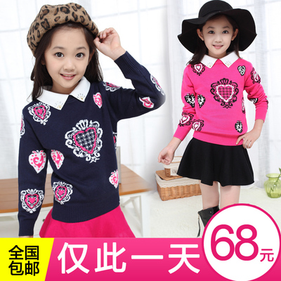 2015新款女童秋冬翻领套头羊绒衫童装韩版儿童假两件羊毛衣亲子装