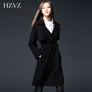 HZVZ欧美简约2016秋季新品英伦气质显瘦纯色系带中长款风衣外套女