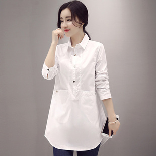 2016新款女装韩版春秋季百搭女士衬衫白衬衣中长款修身长袖上衣潮
