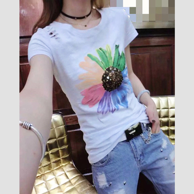 依梵欧洲站2016夏装新款修身太阳花女圆领短袖体恤打底衫T恤上衣